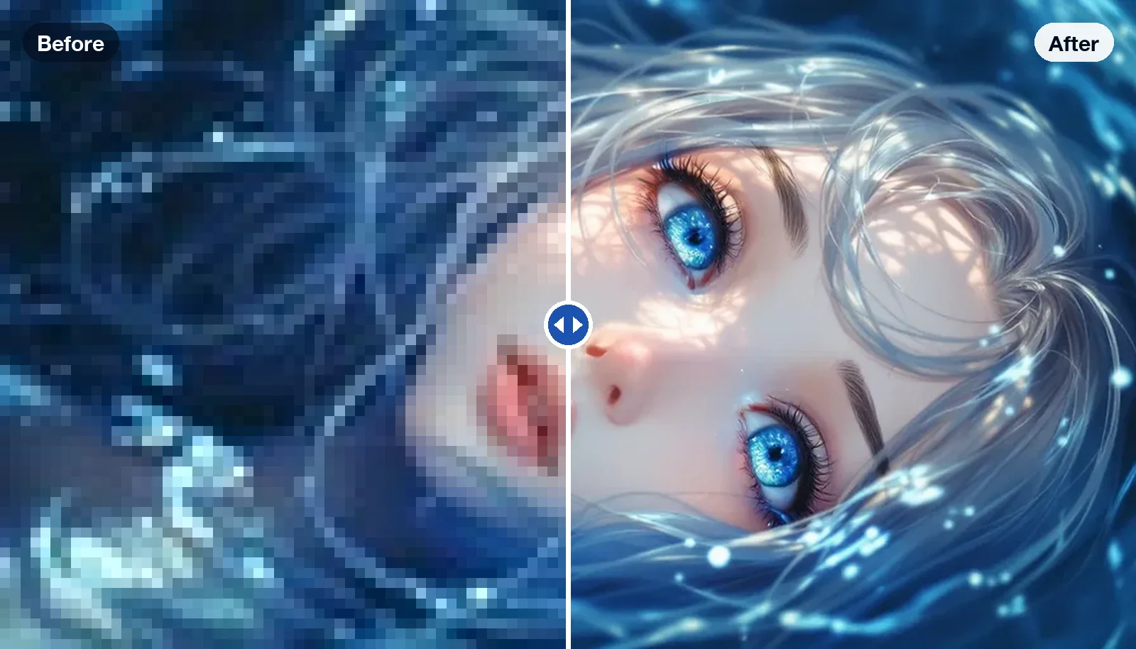A pixelated anime illustration on the left, upscaled and sharp on the right